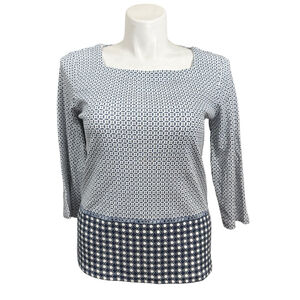 Chico’s Blue White Geometric Print Top Size L 3/4 Sleeve Cotton NWT